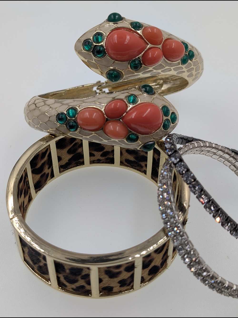Gold Leopard Print and Coral Gem Snake Cuff Bracelet Set 0206 - Picture 7 of 9